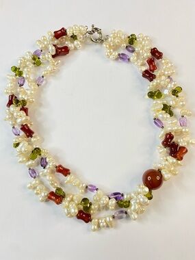 Freshwater Pearl Necklace Carnelian Amethyst Glass Multi Strand Statement
